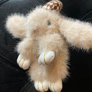 Fuzzy Bunny Purse Charm - Faux Fur 6" Plush Large Bow Bag Charm - Gold Ring